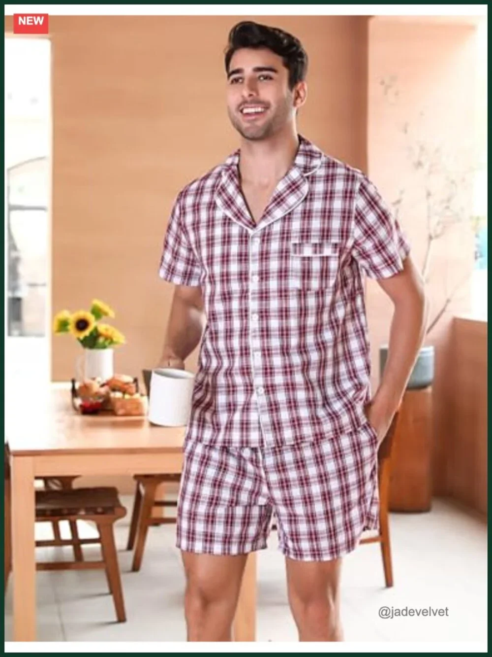 Men's 100% Cotton Pajama Set Short Sleeve Button Down Lounge Set Plaid Sleepwear
